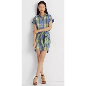 Lauren Ralph Lauren Linen Plaid Tie Front Mini Shirtdress Sz 14